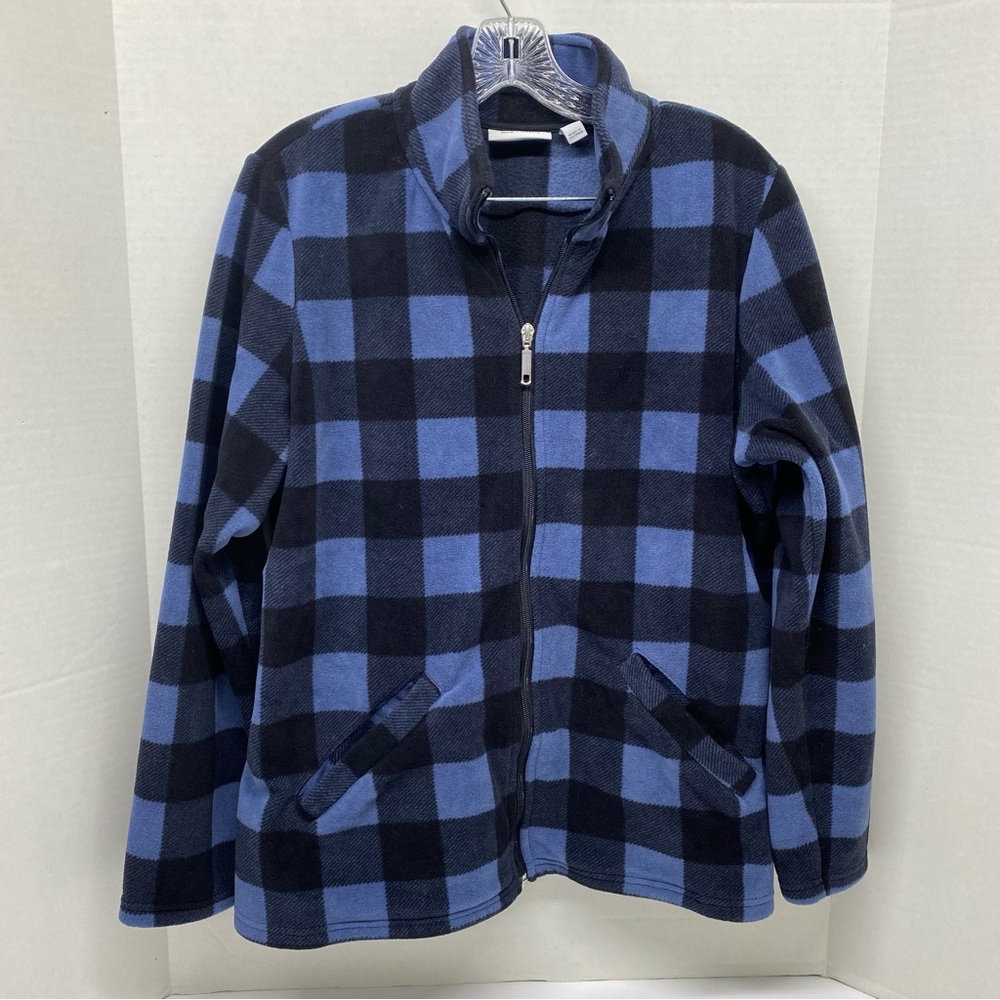 Denim & Co Blue Black Check Full Zip Fleece Jacket Size M Two Pockets Country